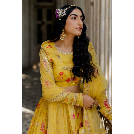 Paulmi & Harsh Sunshine Yellow Chintz Jal Lehenga (Set of 3)