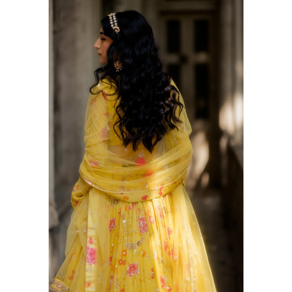 Paulmi & Harsh Sunshine Yellow Chintz Jal Lehenga (Set of 3)