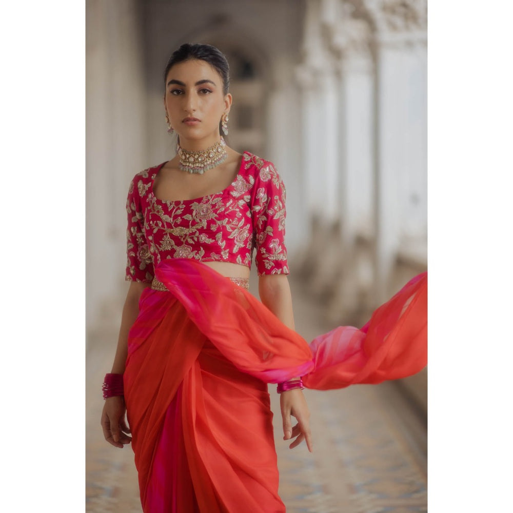 Paulmi & Harsh Red & Rani Ombre Pre-Stitched Saree with Blouse (Set of 3)