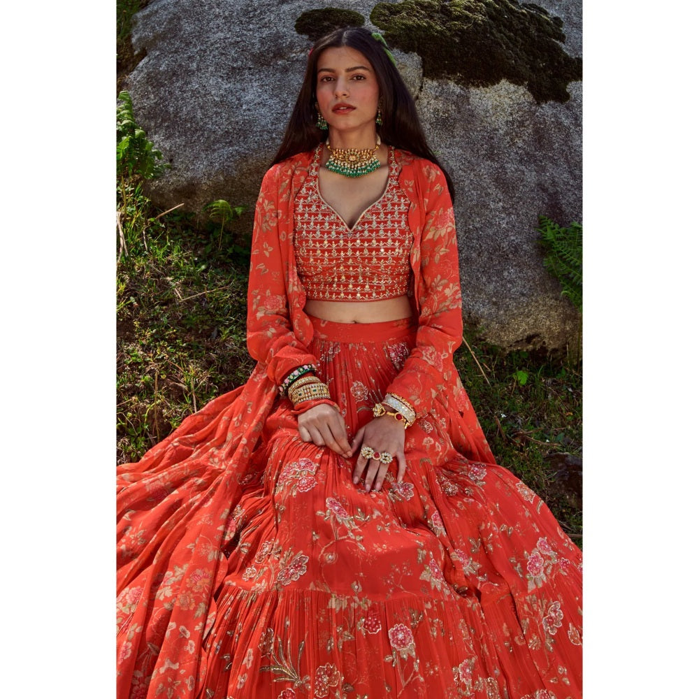 Paulmi & Harsh Poppy Red Floral Print Lehenga (Set of 3)