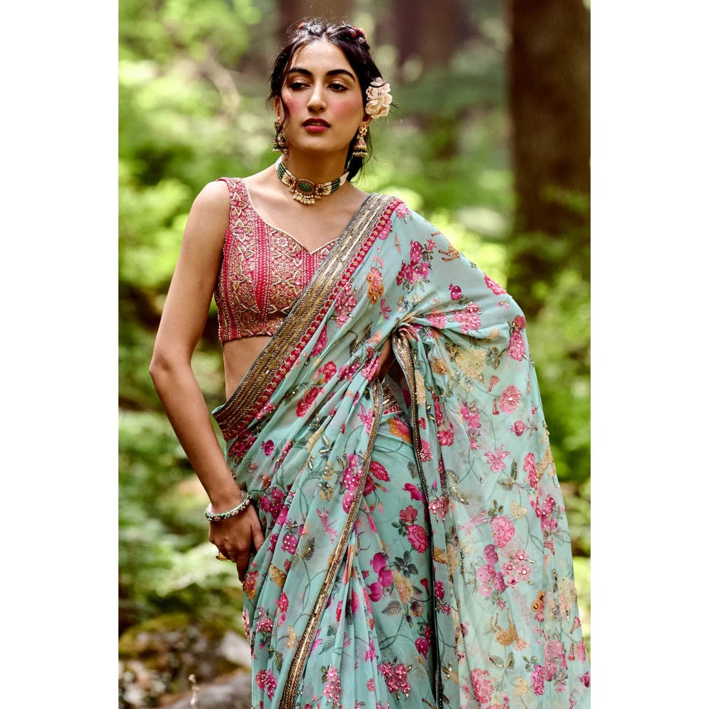 Paulmi & Harsh Light Blue Jungle Print Saree with Stitched Blouse