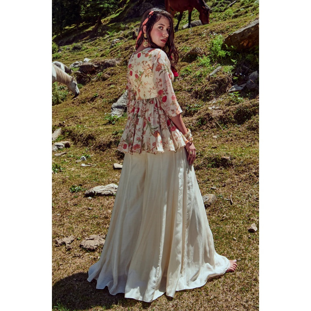 Paulmi & Harsh Off White Floral Peplum Top & Palazzo (Set of 2)
