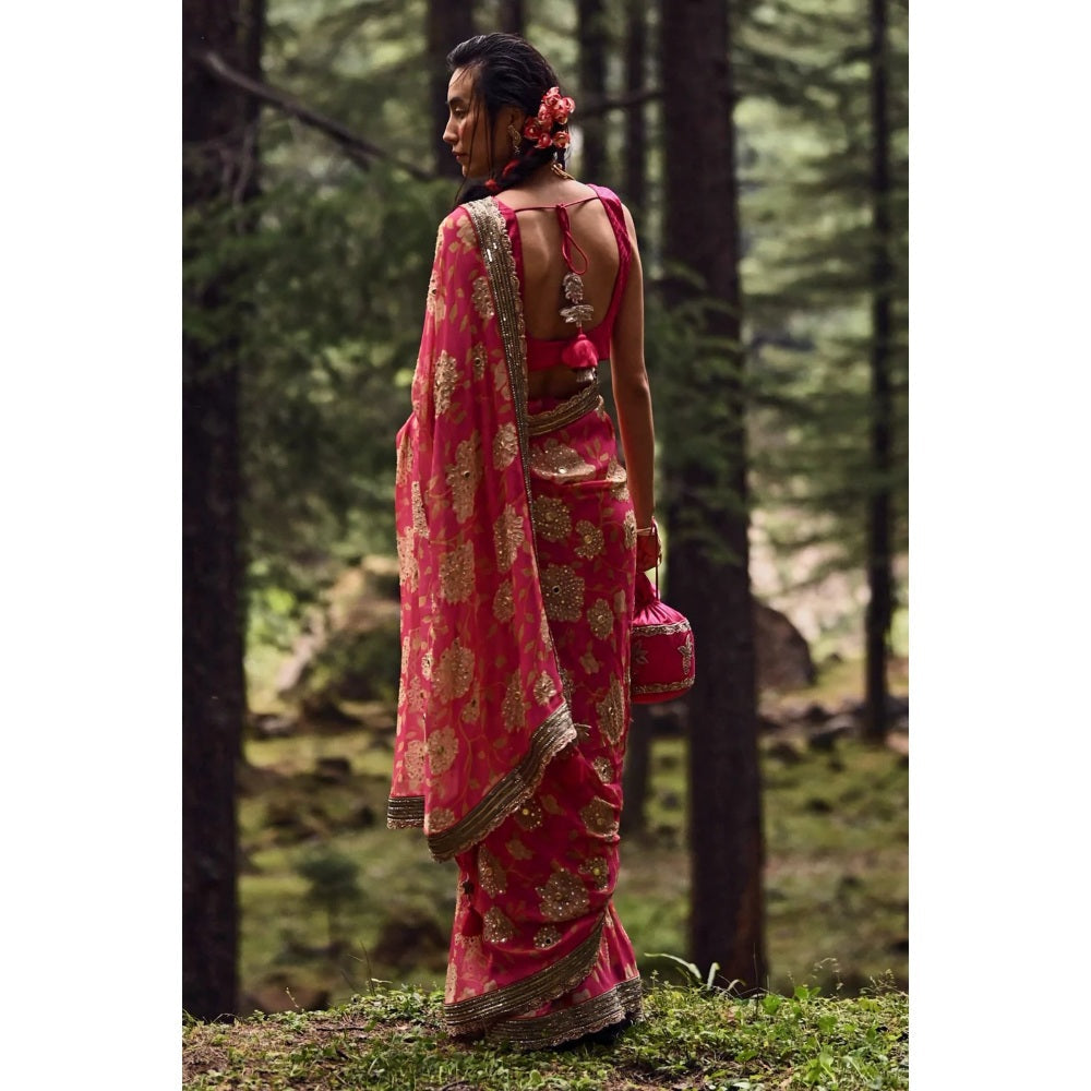 Paulmi & Harsh Rani Pink Big Rose Print Saree with Stitched Blouse
