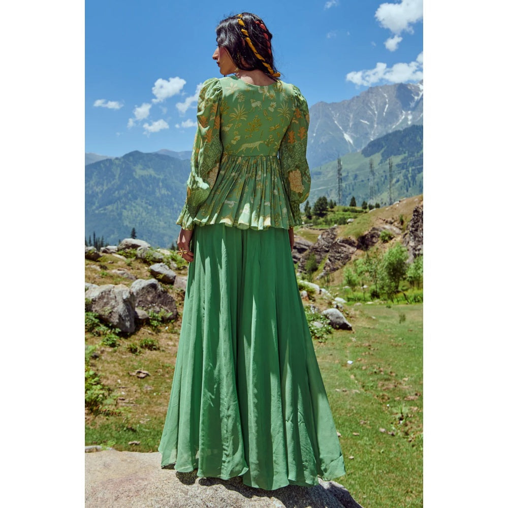 Paulmi & Harsh Fern Green Naksha Print Peplum & Palazzo (Set of 2)