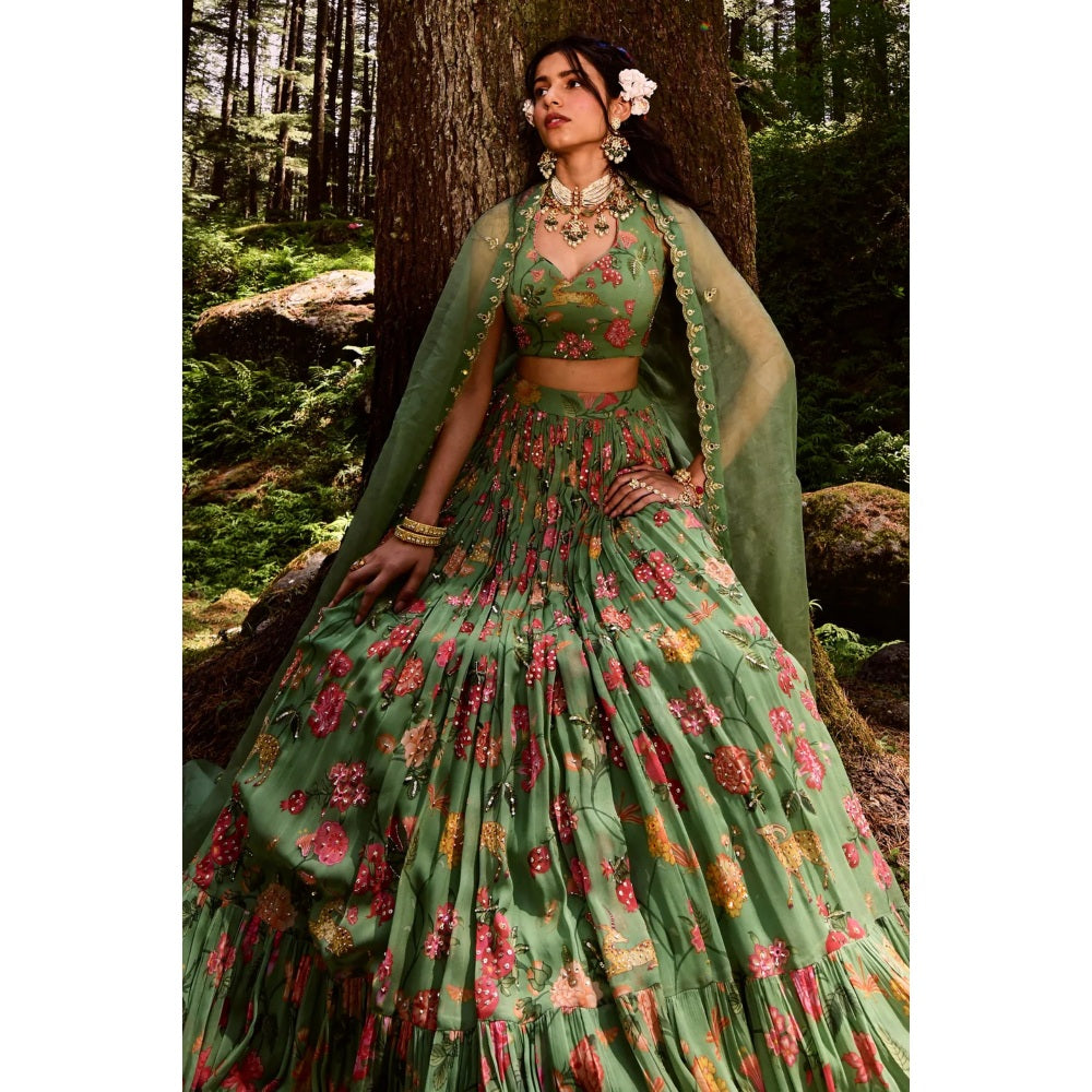 Paulmi & Harsh Green Jungle Print Lehenga (Set of 3)