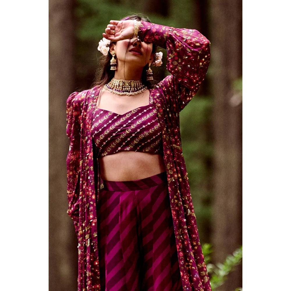 Paulmi & Harsh Grape Purple Leheriya Print Jacket (Set of 3)