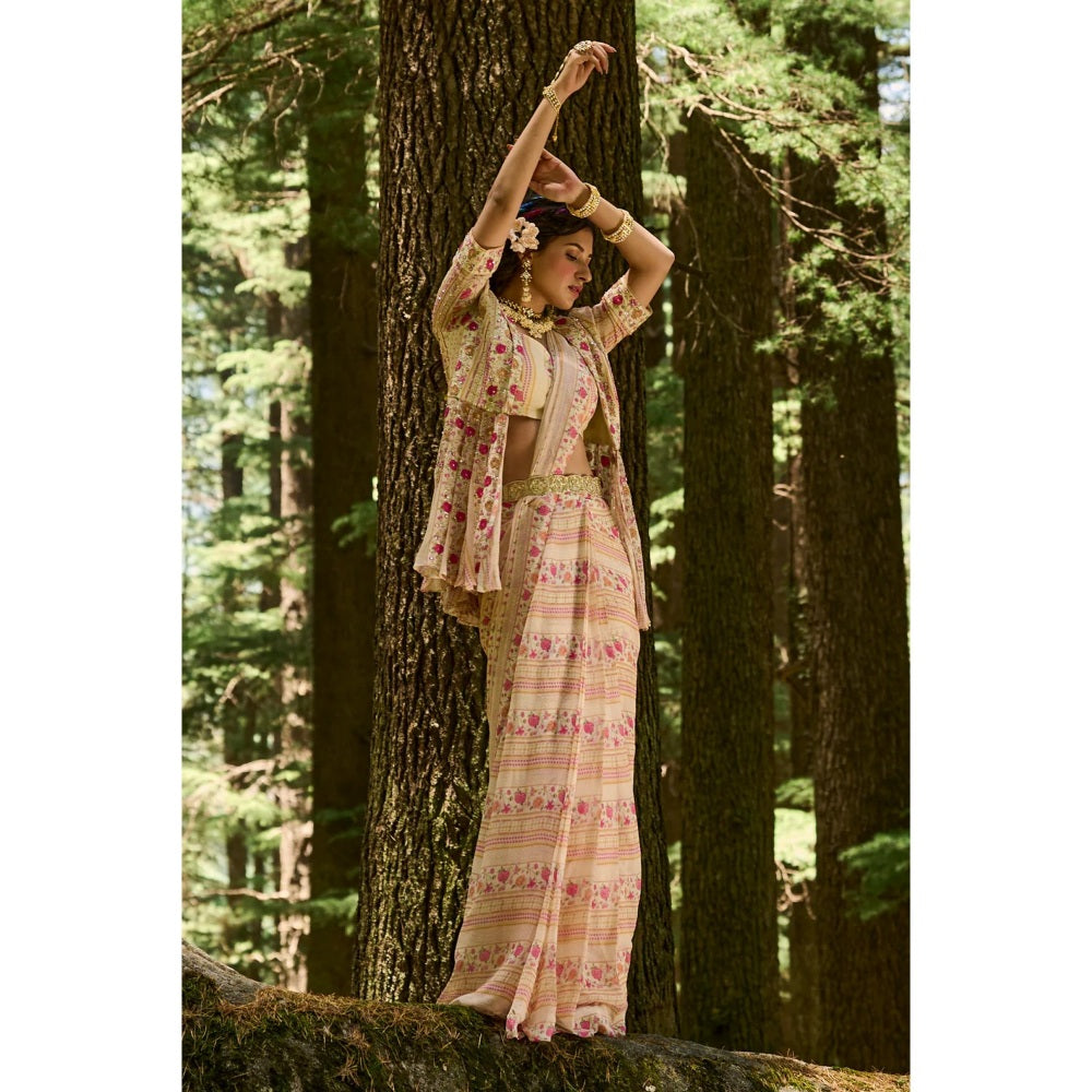 Paulmi & Harsh Off White Rose Border Print Pre Draped Saree with Stitched Blouse