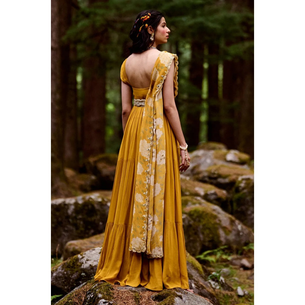 Paulmi & Harsh Ochre Yellow 3-Layered Maxi Dress (Set of 3)