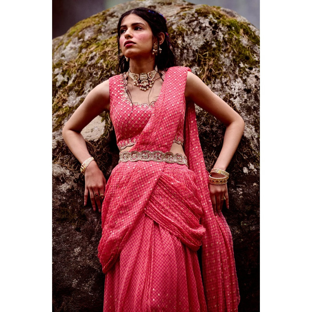 Paulmi & Harsh Palette Pink Pre Draped Saree with Stitched Blouse