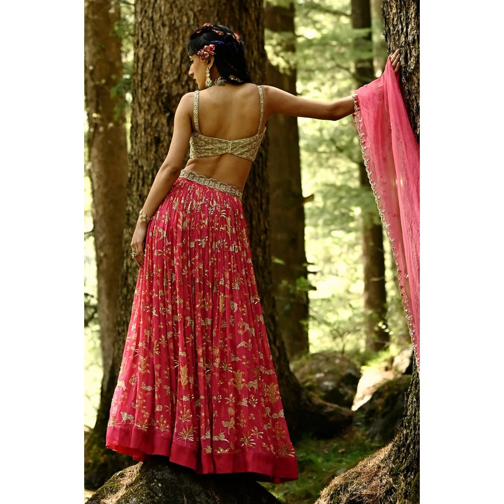 Paulmi & Harsh Rani Pink Jungle Print Lehenga (Set of 4)