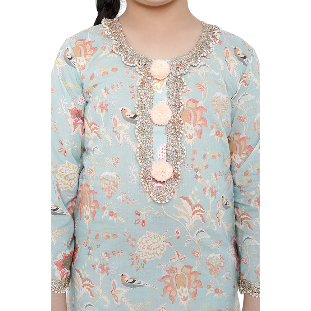 PS Kids Aqua Printed Cotton Kurta with Palazzo and Blush Net Dupatta (Set of 3)