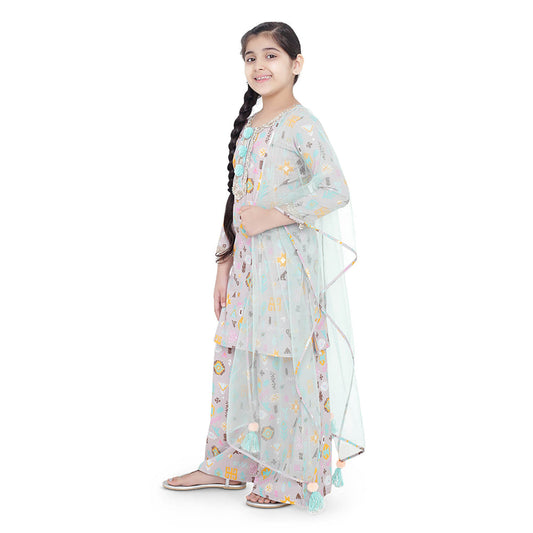 PS Kids Lavender Printed Cotton Kurta with Palazzo and Aqua Net Dupatta (Set of 3)