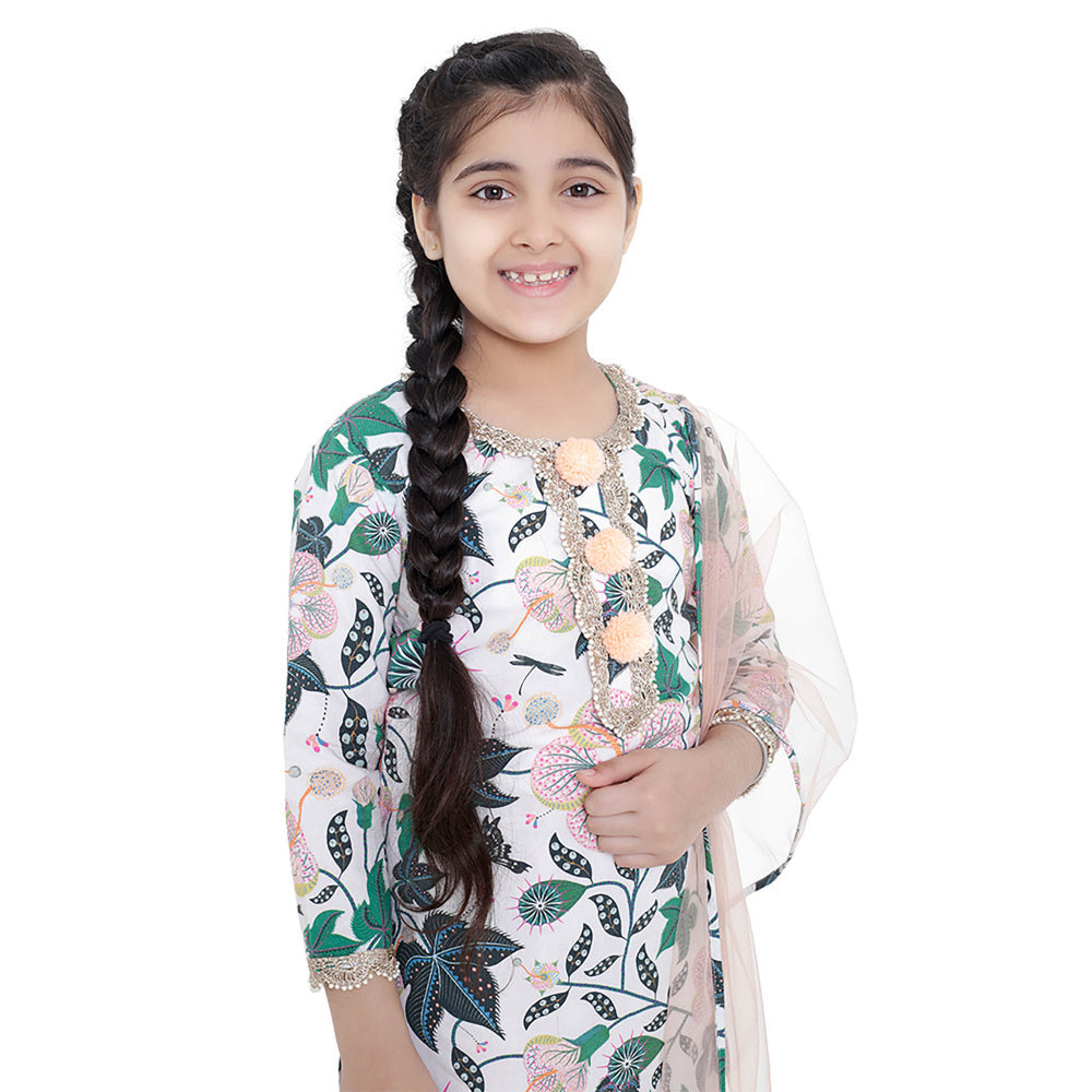 PS Kids White Printed Cotton Kurta with Palazzo and Blush Net Dupatta (Set of 3)