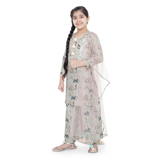 PS Kids Mint Printed Cotton Kurta with Palazzo and Blush Net Dupatta (Set of 3)