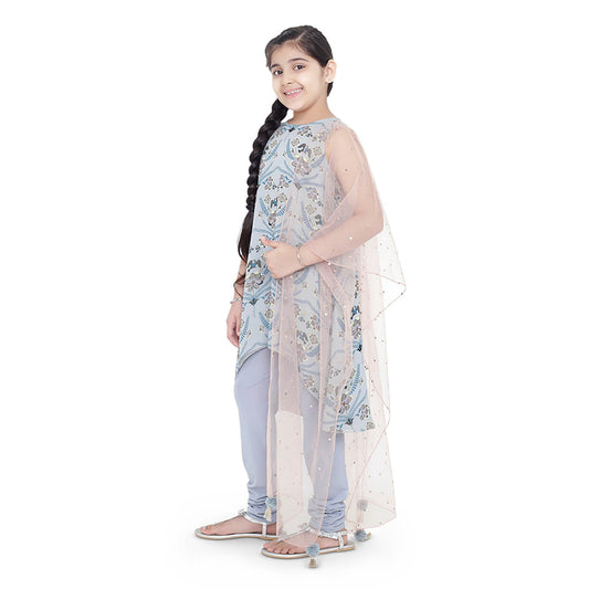 PS Kids Powder Blue Printed high Low Kurta with blue Churidar and Dupatta (Set of 3)