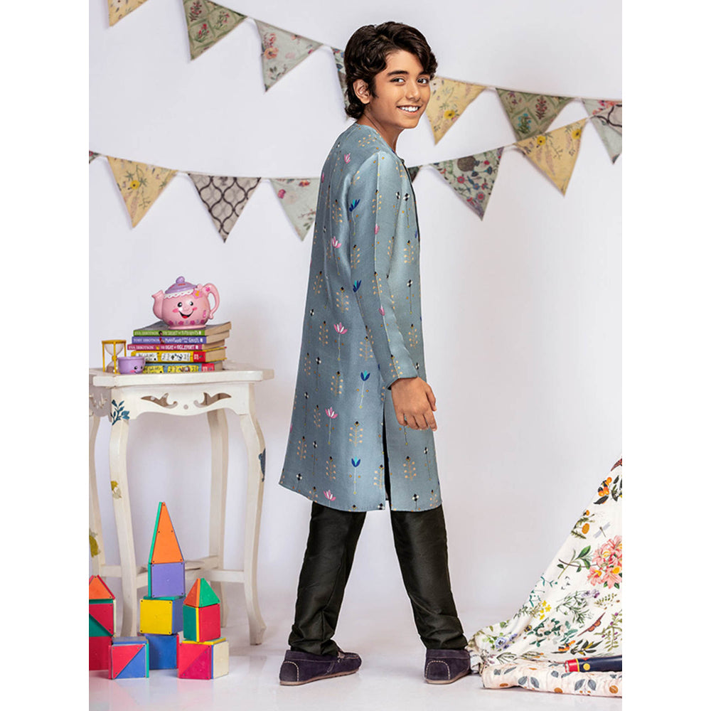 PS Kids By Payal Singhal Powder Blue Printed Silk Kurta with Black Churidar (Set of 2)