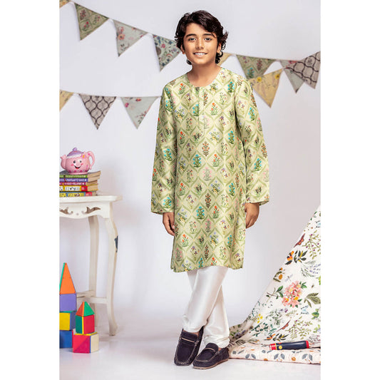 PS Kids By Payal Singhal Mint Printed Silk Kurta with Off White Churidar (Set of 2)