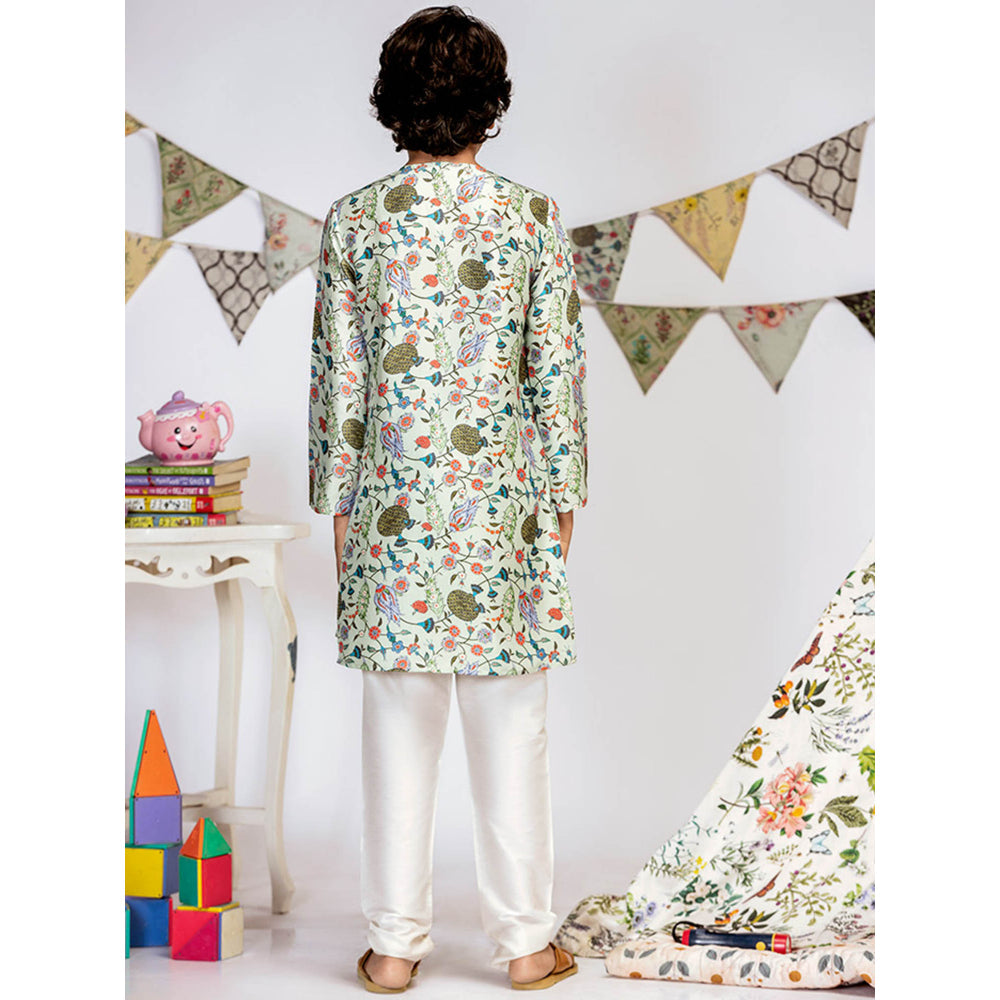 PS Kids By Payal Singhal Aqua Printed Silk Kurta with Off White Churidar (Set of 2)