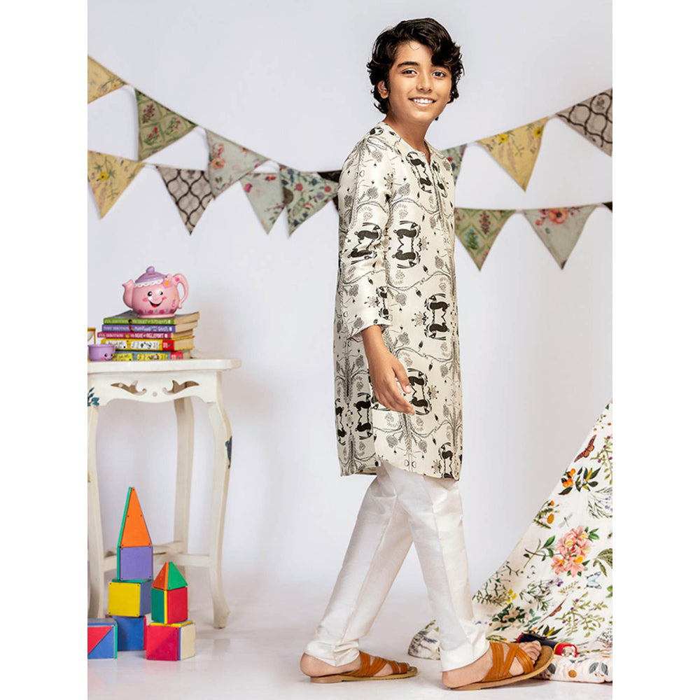 PS Kids By Payal Singhal Stone Printed Silk Kurta with Off White Churidar (Set of 2)