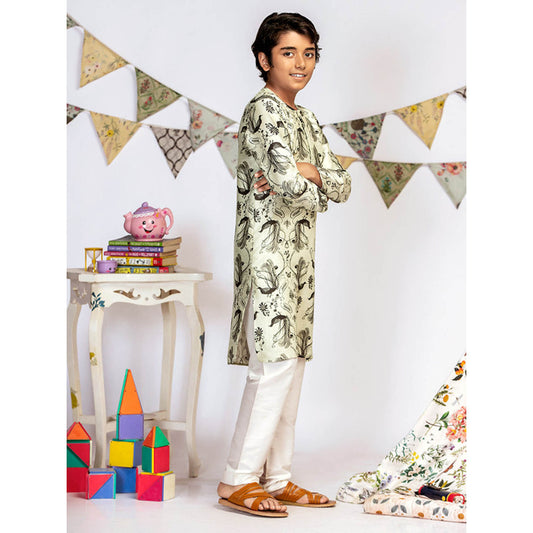 PS Kids By Payal Singhal Mint Printed Silk Kurta with Off White Churidar (Set of 2)