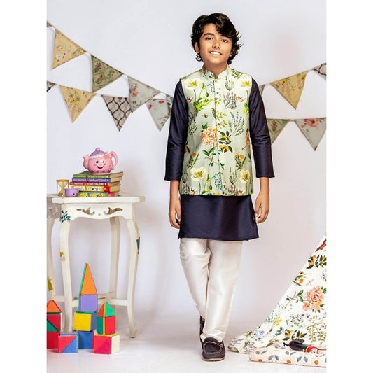 PS Kids By Payal Singhal Aqua Printed Navy Kurta And Off White Churidar (Set of 3)