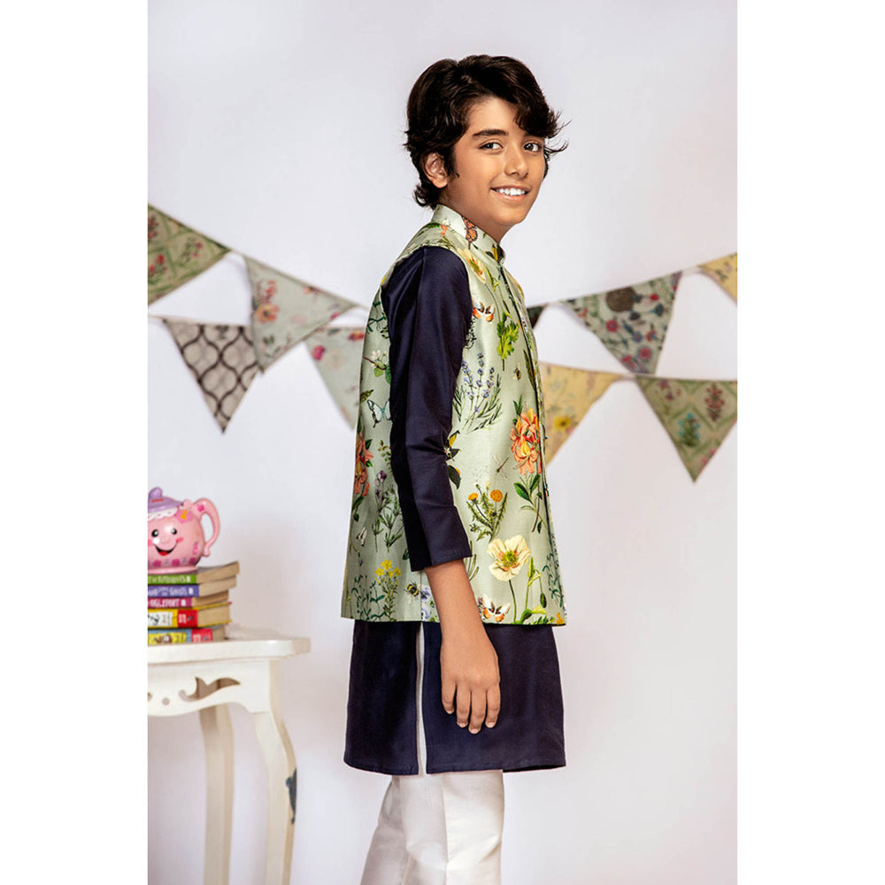 PS Kids By Payal Singhal Aqua Printed Navy Kurta And Off White Churidar (Set of 3)