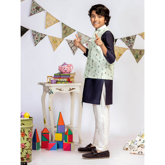 PS Kids By Payal Singhal Blue Printed Navy Kurta And Off White Churidar (Set of 3)