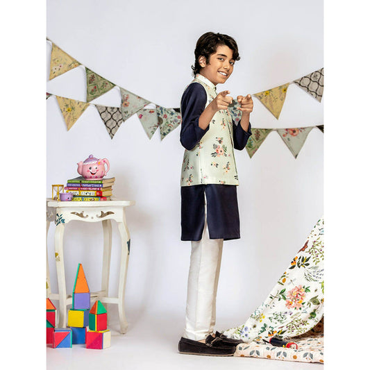 PS Kids By Payal Singhal Powder Blue Printed Navy Kurta And Churidar (Set of 3)