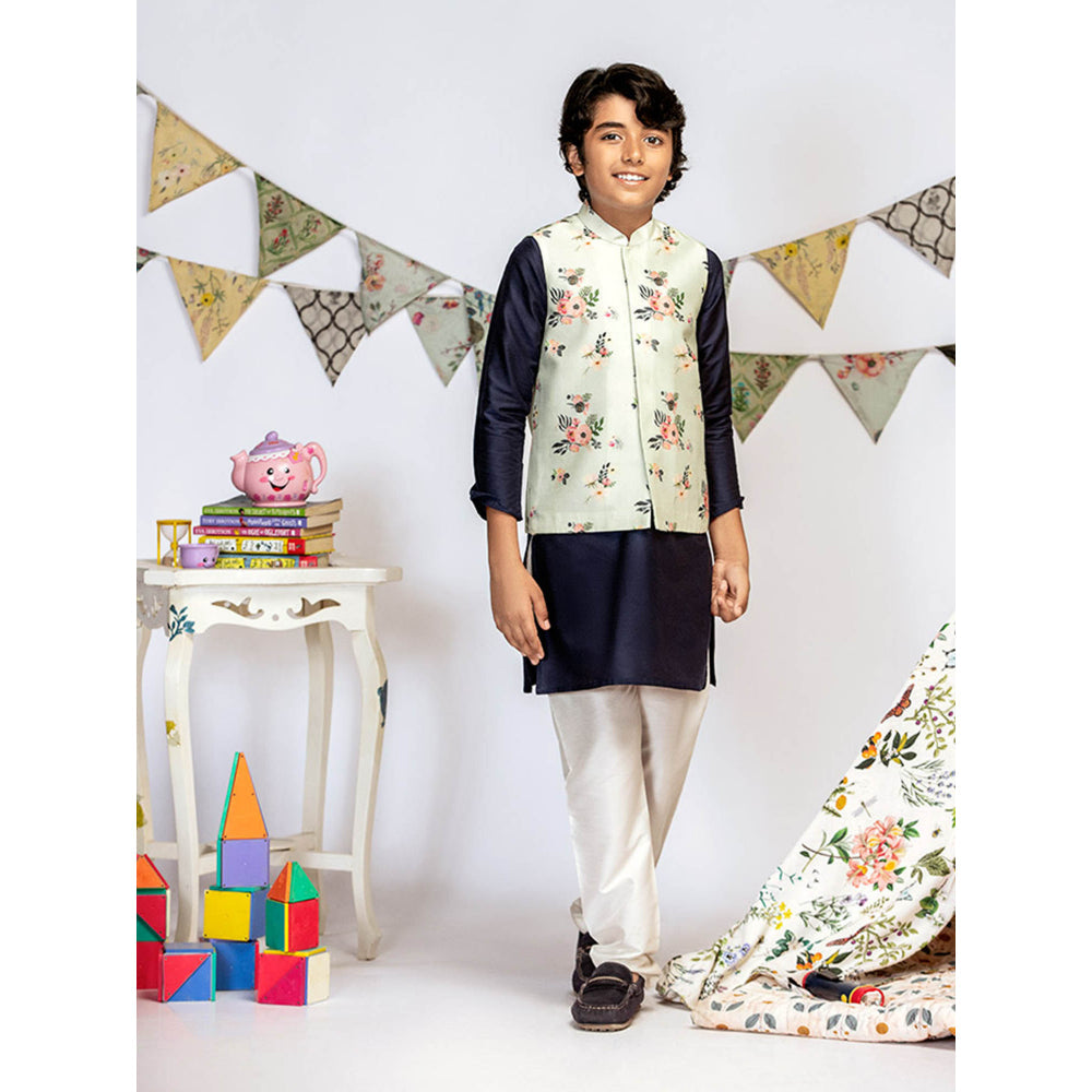 PS Kids By Payal Singhal Powder Blue Printed Navy Kurta And Churidar (Set of 3)