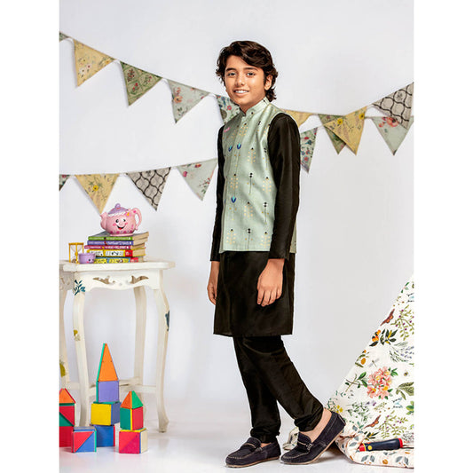 PS Kids By Payal Singhal Green Printed Black Kurta And Black Churidar (Set of 3)
