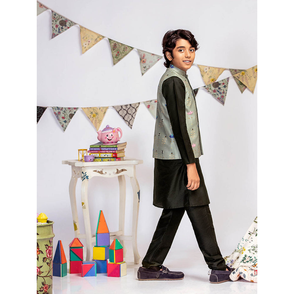 PS Kids By Payal Singhal Green Printed Black Kurta And Black Churidar (Set of 3)