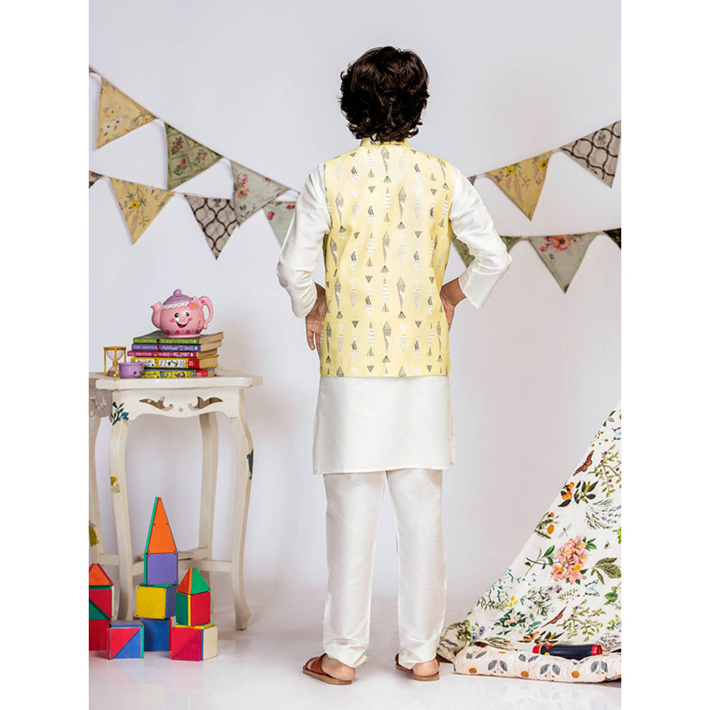 PS Kids By Payal Singhal Yellow Printed Kurta And Churidar (Set of 3)