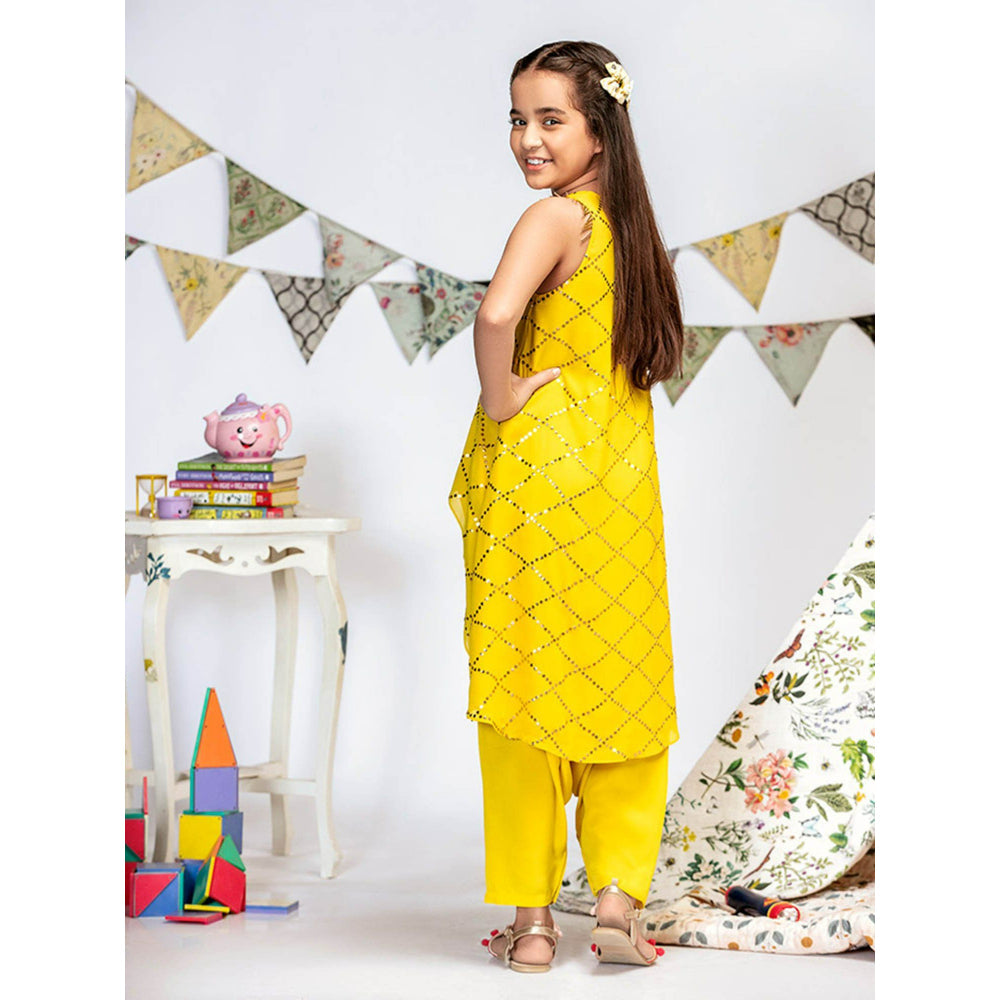 PS Kids By Payal Singhal Yellow Georgette High-Low Tunic with Crotch Pant (Set of 2)