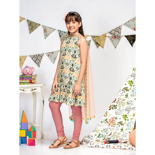 PS Kids By Payal Singhal Cream Printed Kurta with Churidar And Dupatta (Set of 3)