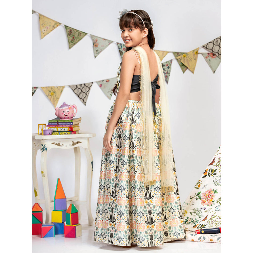 PS Kids By Payal Singhal Black Choli with Cream Printed Lehenga And Dupatta (Set of 3)