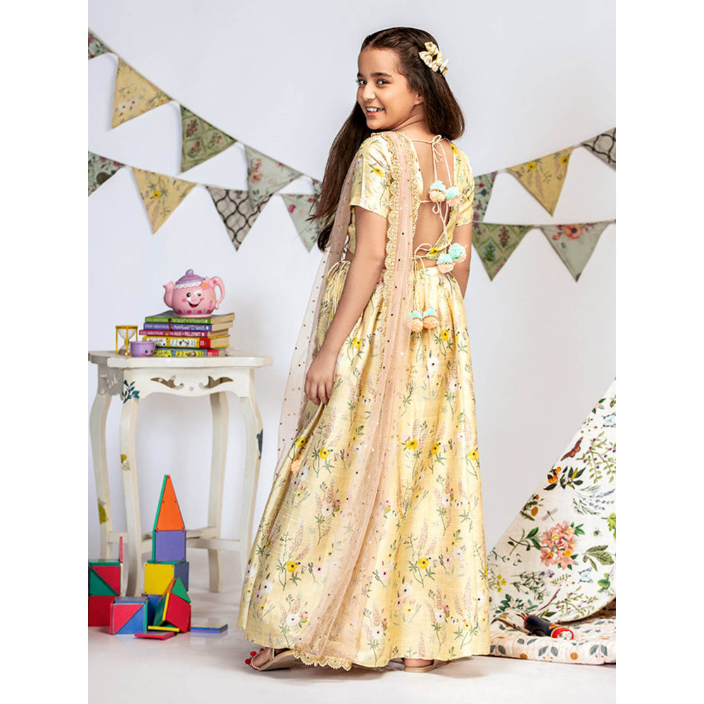 PS Kids By Payal Singhal Pale Yellow Printed Choli with Lehenga And Dupatta (Set of 3)