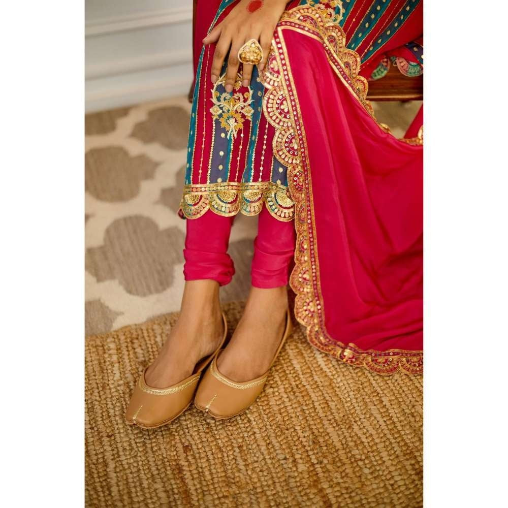 PRATIBHA SULTANIA Pink Patched & Kurti Crepe Churidar & Scalloped Dupatta (Set of 3)