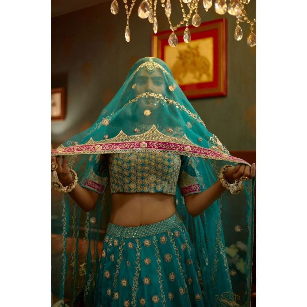 PRATIBHA SULTANIA Blue Fully Hand Lehenga with Pink Patchwork Borders (Set of 3)