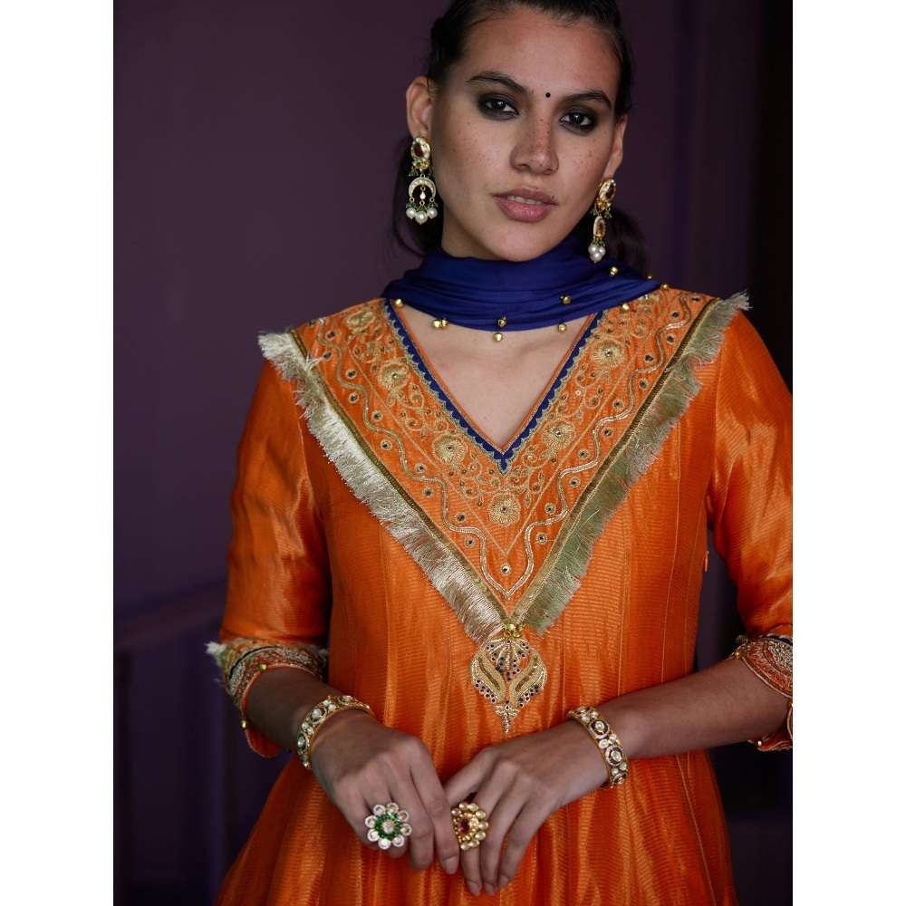 PRATIBHA SULTANIA Orange Hand Embellished Anarkali Kurti with Satin Dhoti & Dupatta (Set of 3)