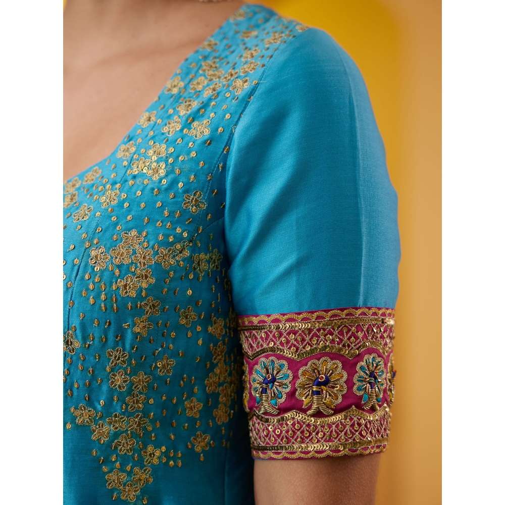 PRATIBHA SULTANIA Blue Peacock Neck Anarkali Kurta with Churidar & Dupatta (Set of 3)