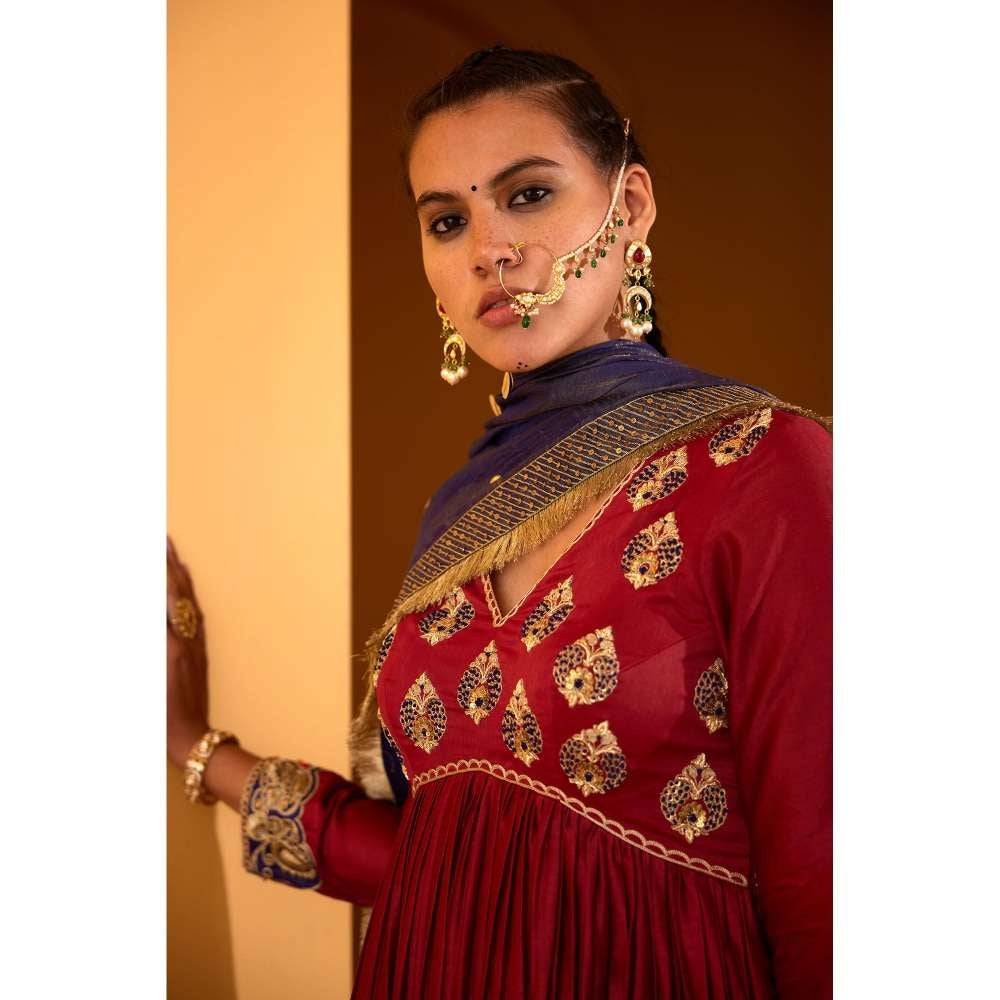 PRATIBHA SULTANIA Maroon Embellished Neck Anarkali Kurta with Pant & Dupatta (Set of 3)