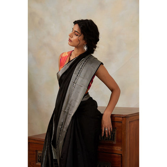 PRIYANKA RAAJIV Advika Black Chanderi Saree without Blouse with Unstitched Blouse