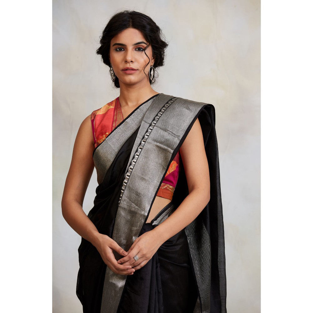 PRIYANKA RAAJIV Advika Black Chanderi Saree without Blouse with Unstitched Blouse