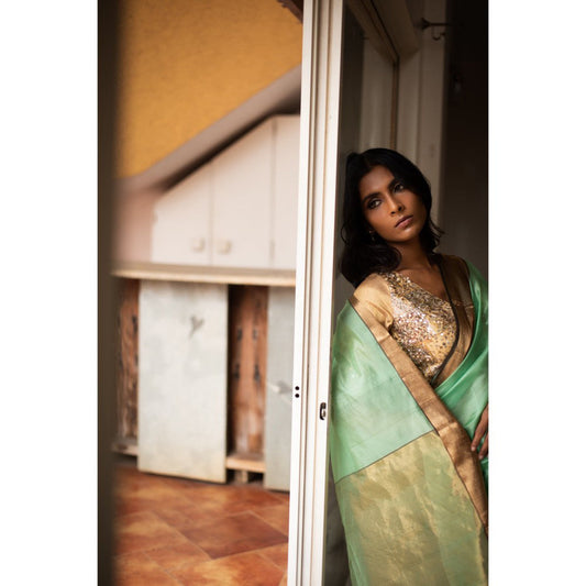 PRIYANKA RAAJIV Lopa Aquamarine Silk Chanderi Saree with Unstitched Blouse