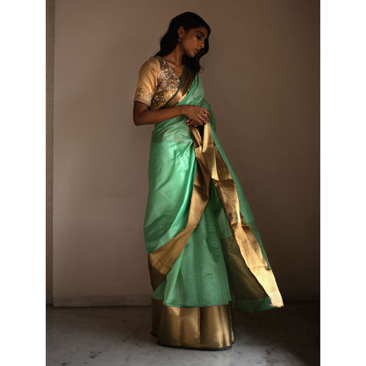 PRIYANKA RAAJIV Lopa Sea Green Silk Chanderi Saree with Unstitched Blouse