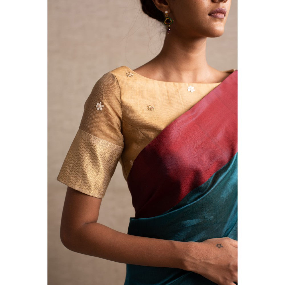 PRIYANKA RAAJIV Kaiya Teal Silk Chanderi Saree with Unstitched Blouse