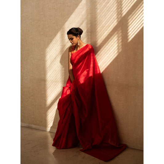 PRIYANKA RAAJIV Kaiya Red Silk Chanderi Saree with Unstitched Blouse