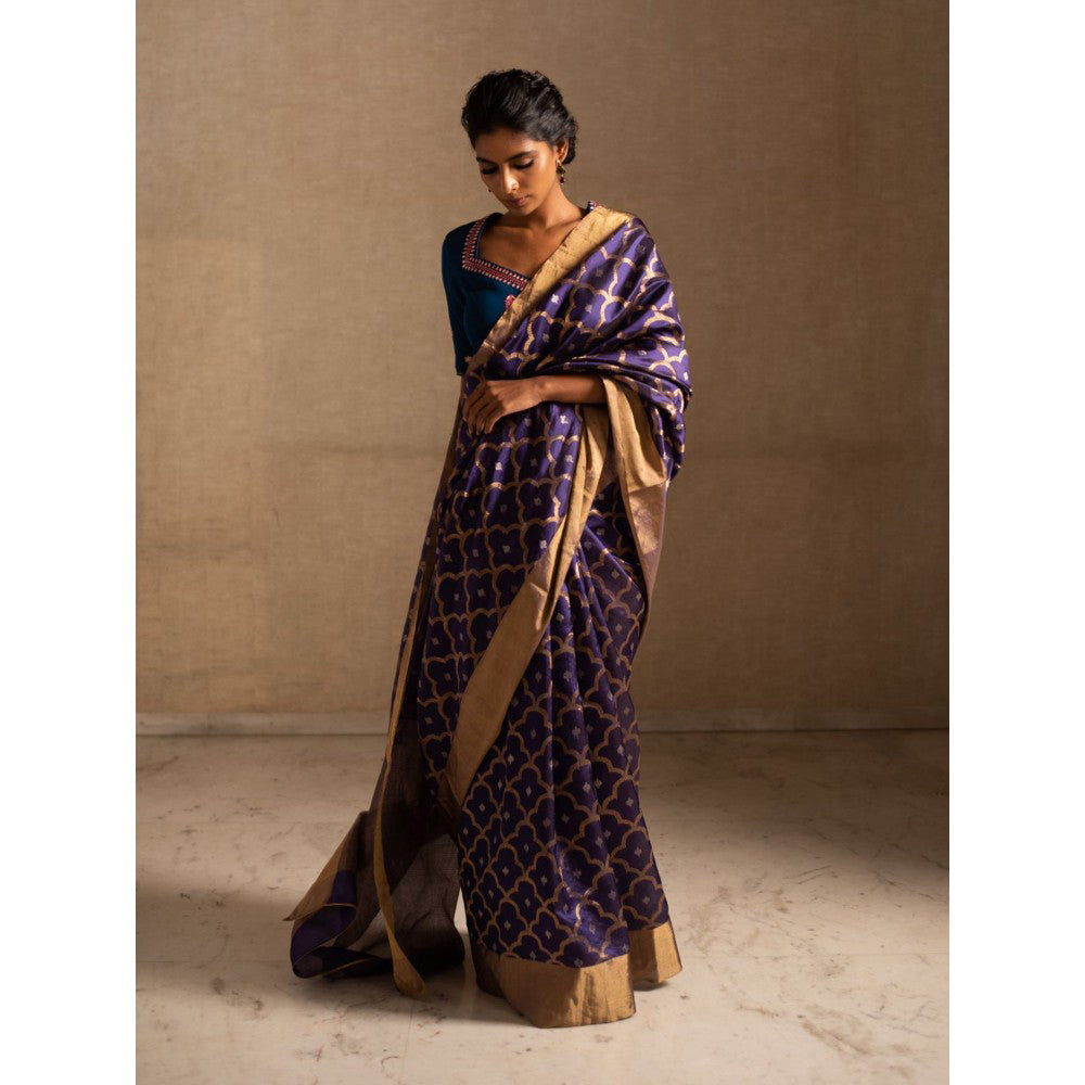 PRIYANKA RAAJIV Enya Purple Mughal Jaal Silk Chanderi Saree with Unstitched Blouse