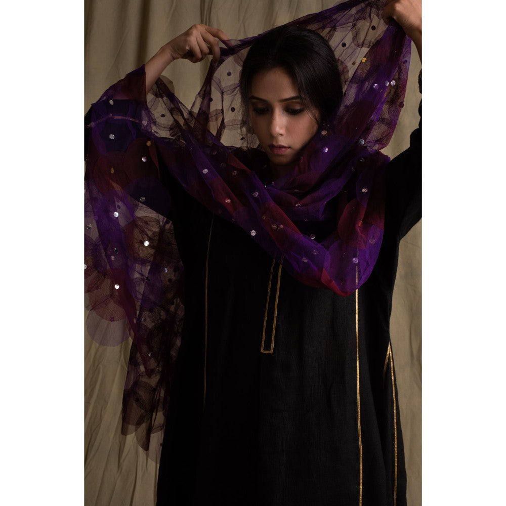 PRIYANKA RAAJIV Aanya Black Linen Flowy Kurta with Palazzo (Set of 3)