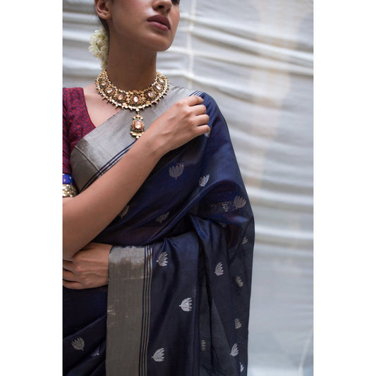 PRIYANKA RAAJIV Devi Navy Blue Chanderi Saree with Lotus Butis with Unstitched Blouse